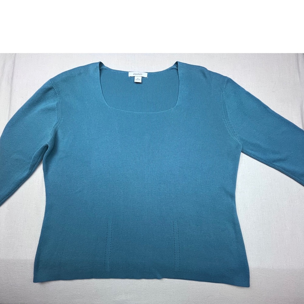 Dressbarn Women XL Teal Blue Ribbed Square Neck 3/4 Sleeve Knit Sweater Top